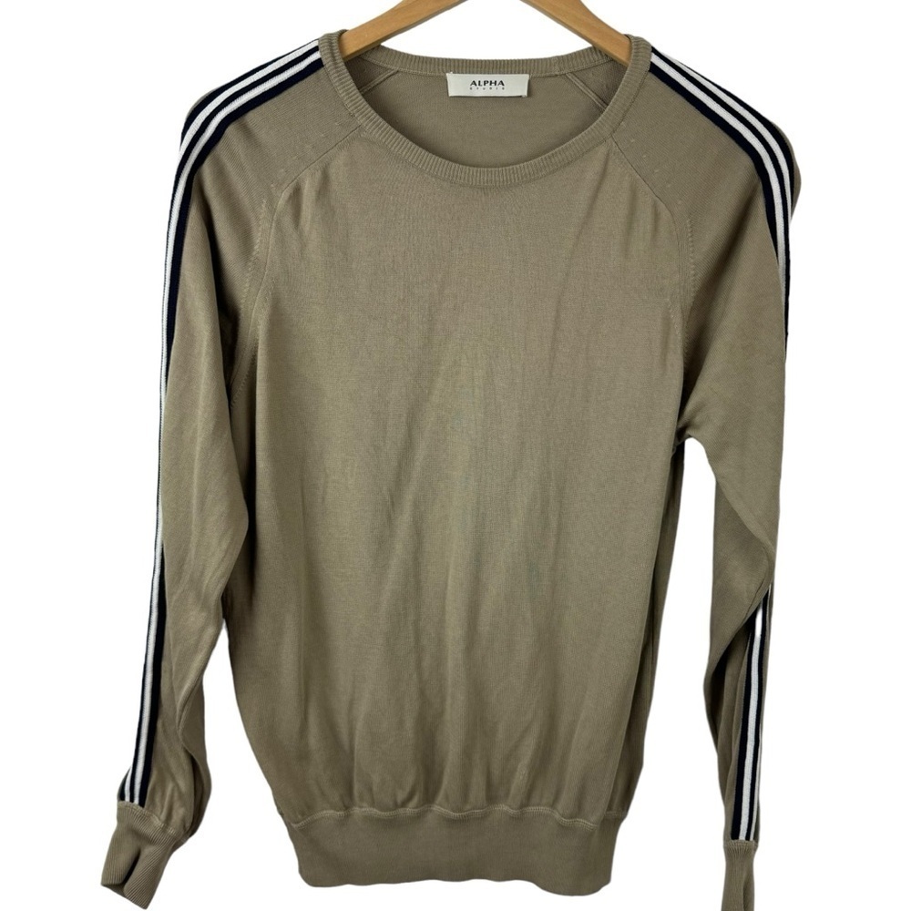 Alpha Studio Mens Knitwear Khaki Sweater Crewneck Striped Sleeve 100% Cotton 46
